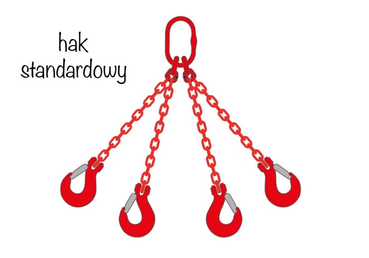 Zawiesie łańcuchowe 4-cięgnowe z hakami standardowymi i hakami skracającymi - czerwony łańcuch