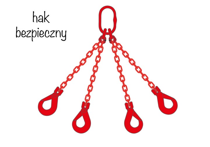 Zawiesie łańcuchowe 4-cięgnowe z hakami bezpiecznymi - czerwony łańcuch