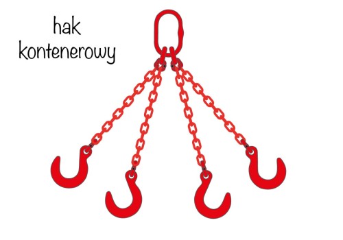 Zawiesia łańcuchowe 4-cięgnowe z hakiem kontenerowym - czerwony łańcuch